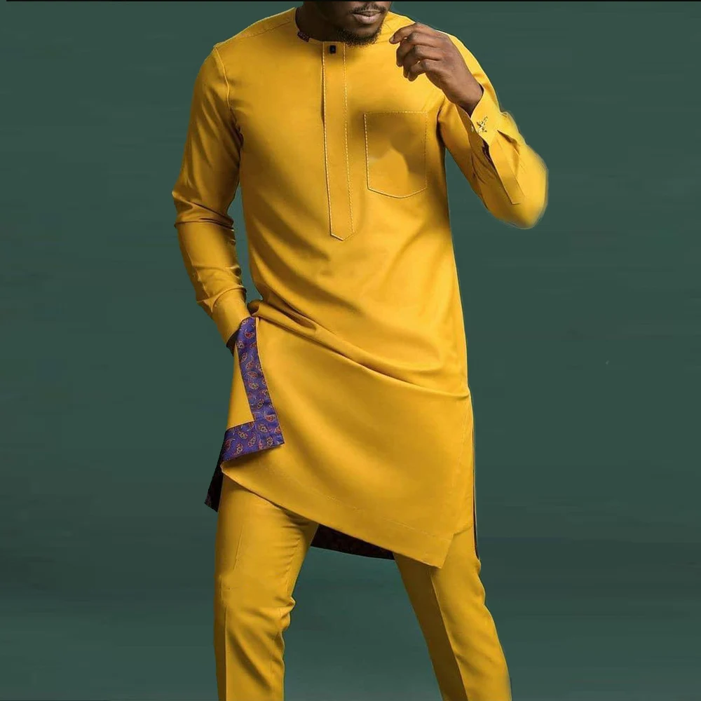 

Костюм мужской летний из 2 предметов, этнический повседневный костюм с круглым карманом, топ с длинными рукавами и брюки, стандартная свадебная одежда