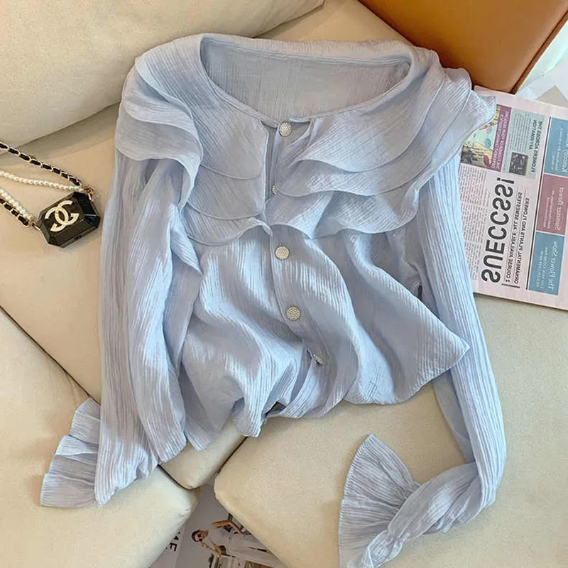 Women Sweet Casual Solid Peter Pan Collar Tops Shirts Single Breasted Long Flare Sleeve Thin Chiffon Blouses 2022 Summer Clothes