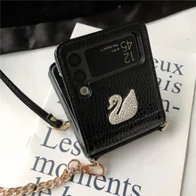 DIY Z Flip3 Luxury 3D Crystal Swan PU Leather Alligator Pattern Phone Case For Samsung Galaxy Z Flip 3 5G Crossbody Strap Cover