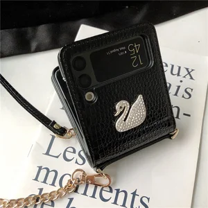 diy z flip3 luxury 3d crystal swan pu leather alligator pattern phone case for samsung galaxy z flip 3 5g crossbody strap cover free global shipping