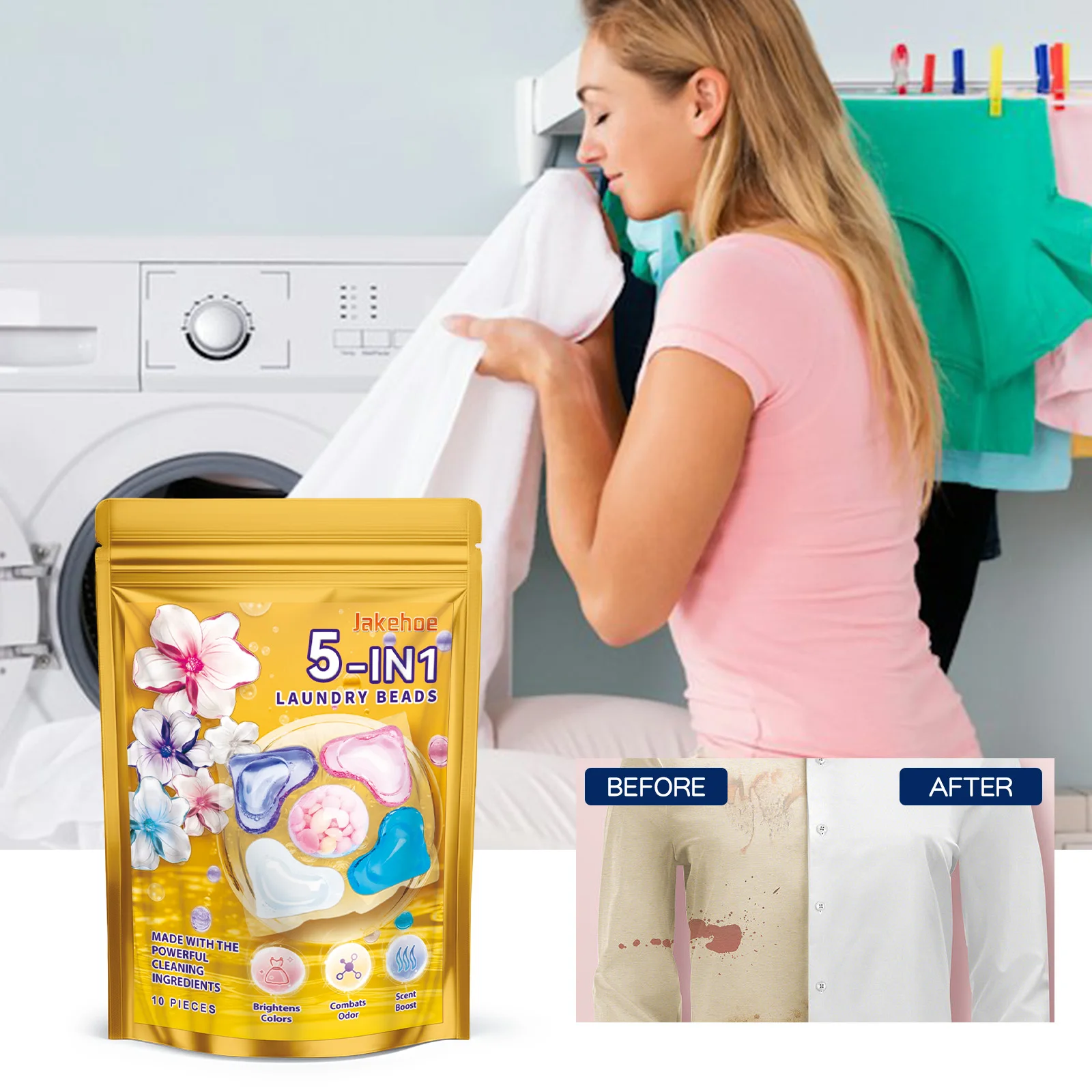 Jakehoe 10 шт. пакетик для стирки геля 5 в 1 очистки пятен стойкого аромата и гладких