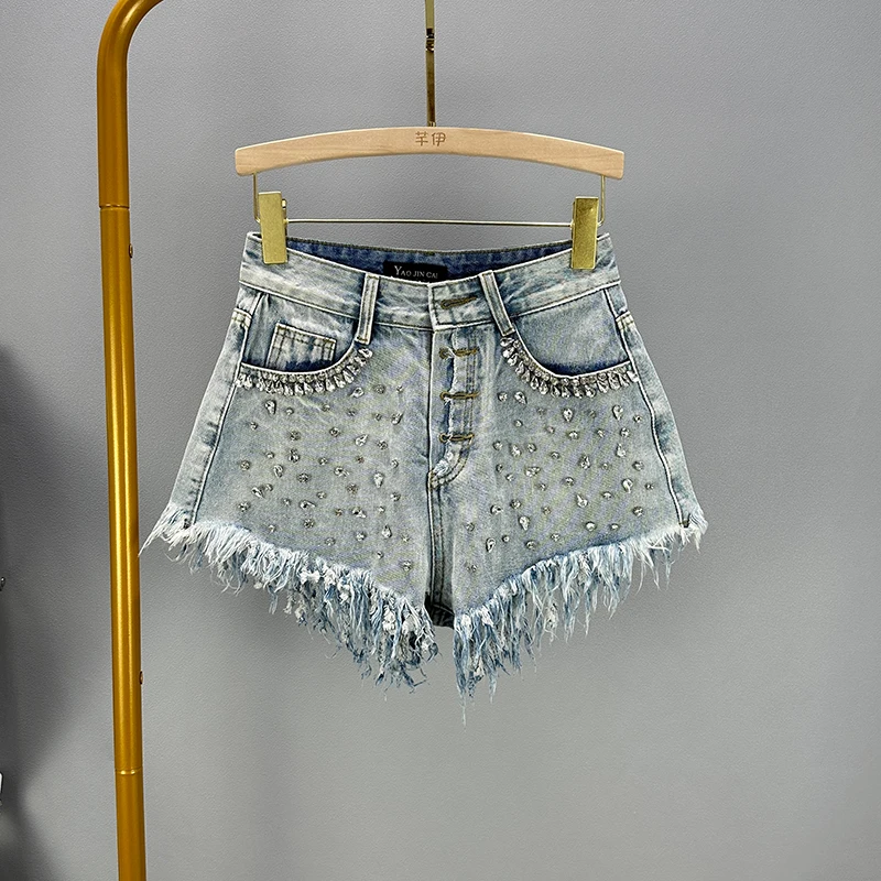 European Sexy Raw Edge Denim Shorts Women Summer 2023 New High Waist Single-Breasted Slim Diamond-Embedded Wide-Leg Short Pants