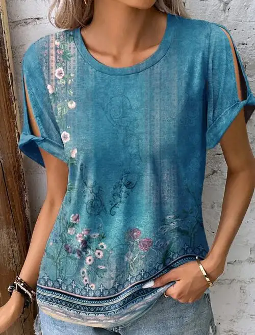 

Fashion Woman Blouse 2023 Summer New Casual Fashion Comfortable Ethnic Style Printed Round Neck Short Sleeve Basic Versatile