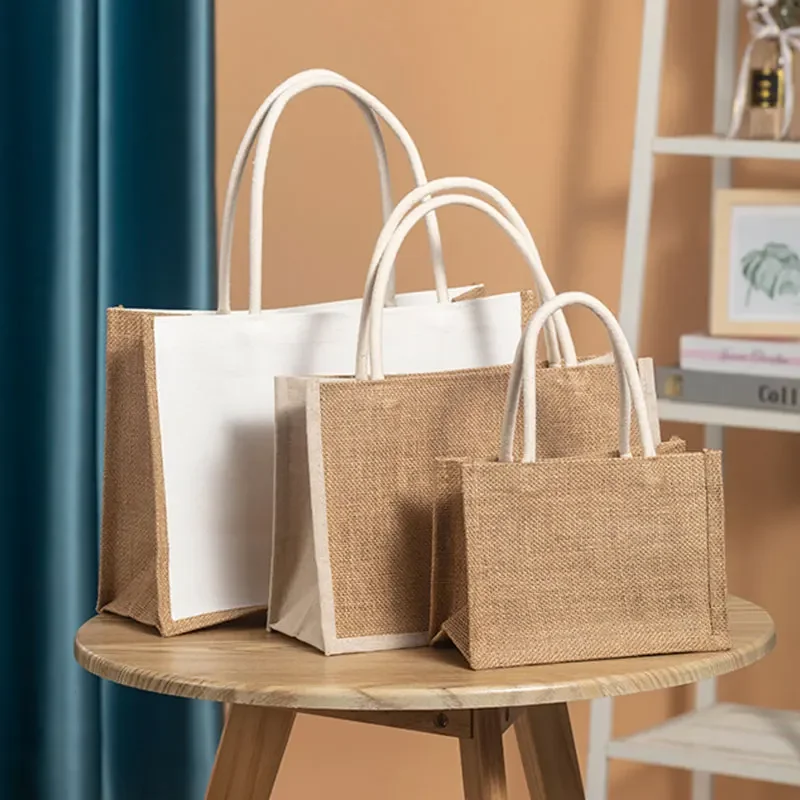 

Multifunctional Jute Tote Bag Reusable Large Capacity Shopping Bag Storage Handbag for Wedding Party Gifts Organizer 32x36cm