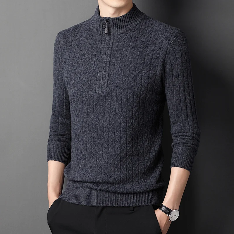 100% Men's pure wool thickened winter warm bottom shirt middle-aged men's half high neck zipper sweater