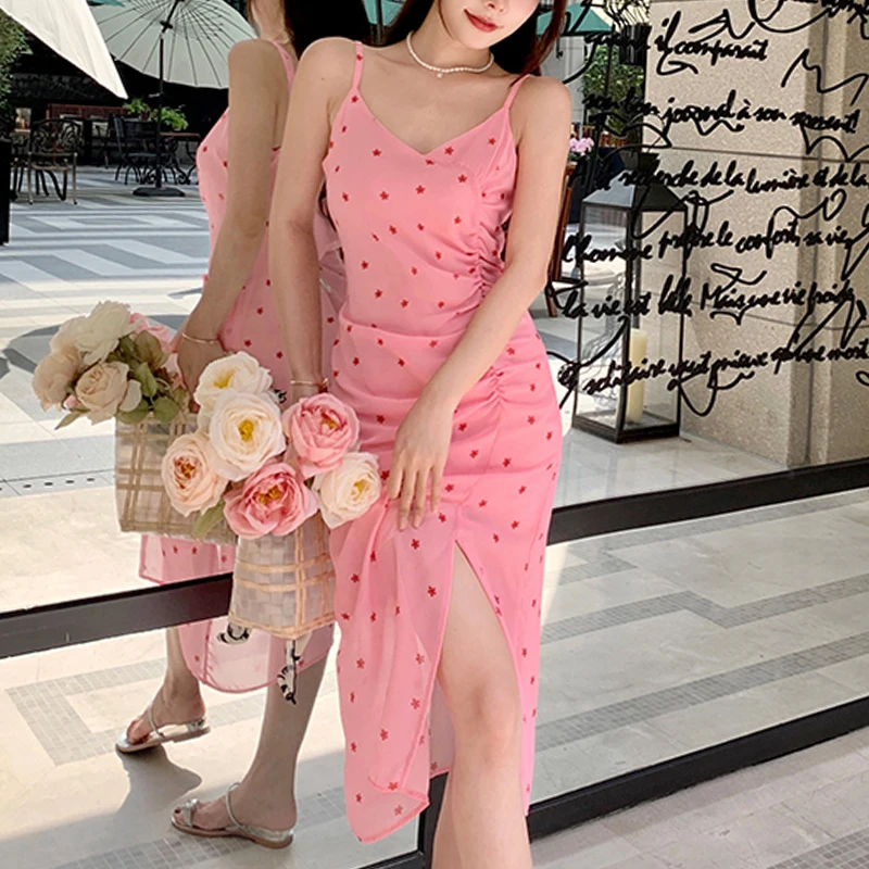 

Comfortable Sleeveless V-Neck Commuter Beautiful Wave Point Summer Temperament Female New Fashion Waist Pink Suspender Dress