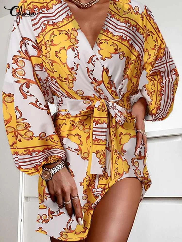 

Мини-платье Celmia женское с длинным пышным рукавом, пикантный сарафан с V-образным вырезом и винтажным принтом, Повседневная вечерняя Клубная ...