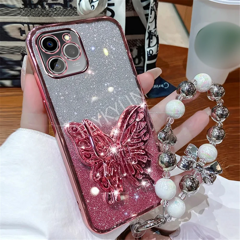 Luxury 3D Butterfly Stand Holder Case For Xiaomi Redmi Note 12 Pro 5G 12S 11 10 9 9s 8 10S 11S Glitter Cover With Lanyard
