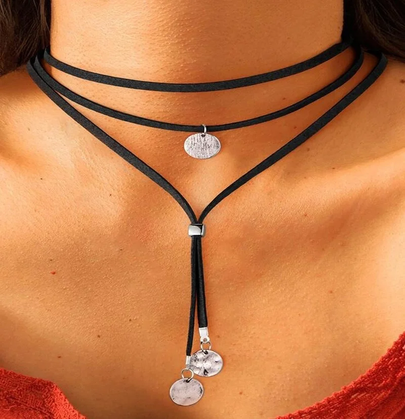 Simple fashion velvet belt self-adjusting disc pendant necklace neck chain