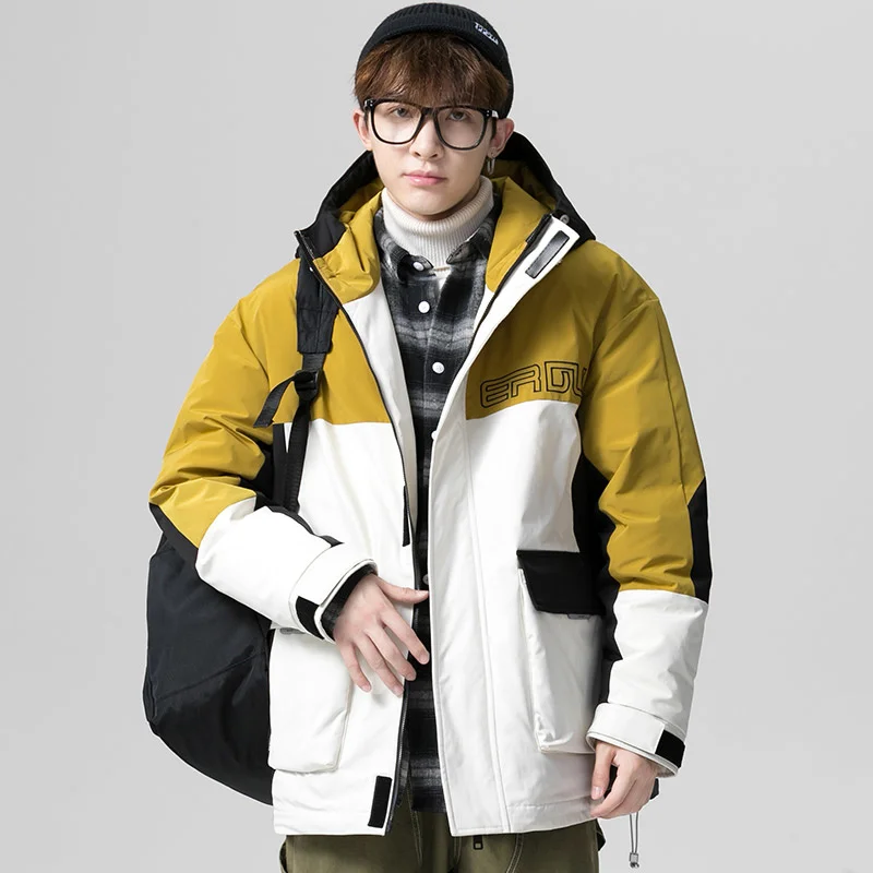 Модные зимние мужские свободные куртки с капюшоном на белом утином пуху теплое