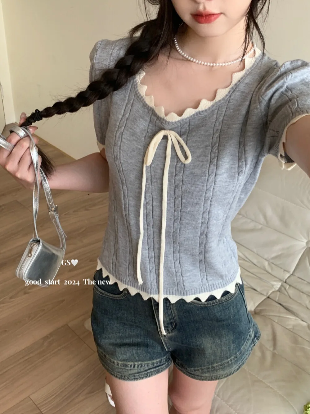 Женская футболка с бантом волнистые топы V-образным вырезом женские летние новые