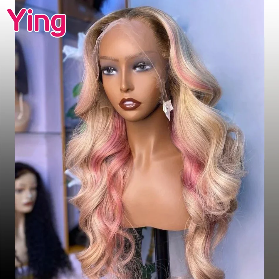 Pink with 613 Blonde Colored 613 Blonde 13X6 Lace Frontal Wig Human Hair Wig Body Wave Brazilian Remy 180% 13X4 Lace Front Wigs
