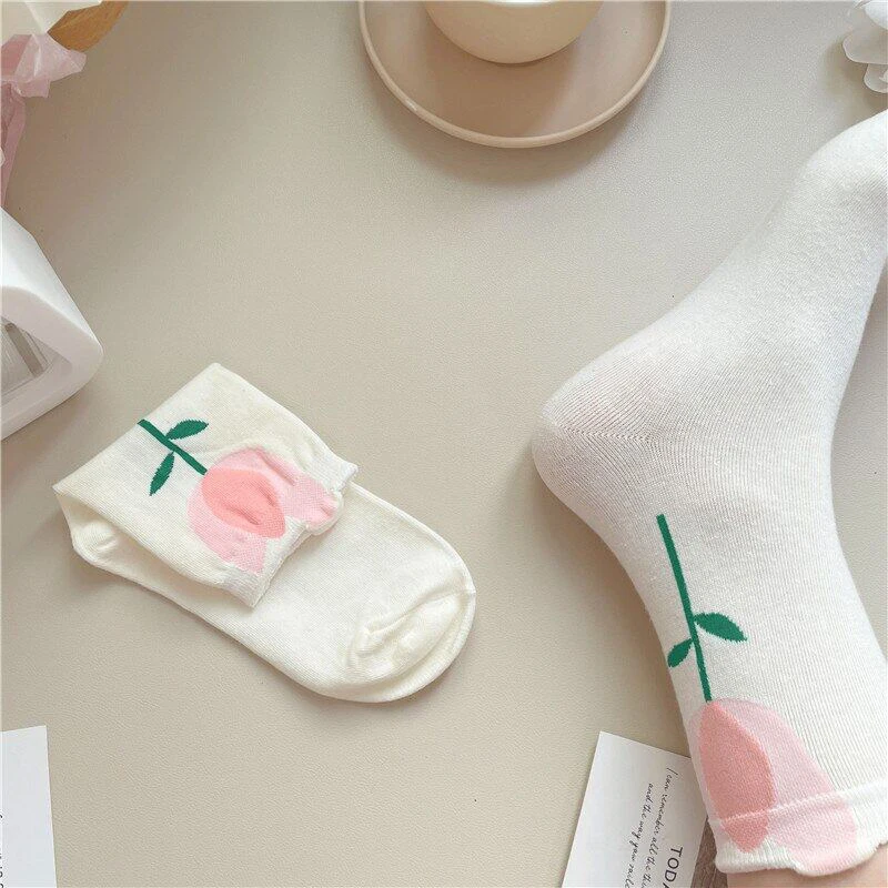 1 pair Kawaii Cartoon Tulip Flower Socks for Women Girls Fashion Japanese Korean Style Harajuku Breathable Casual Mid Tube Socks