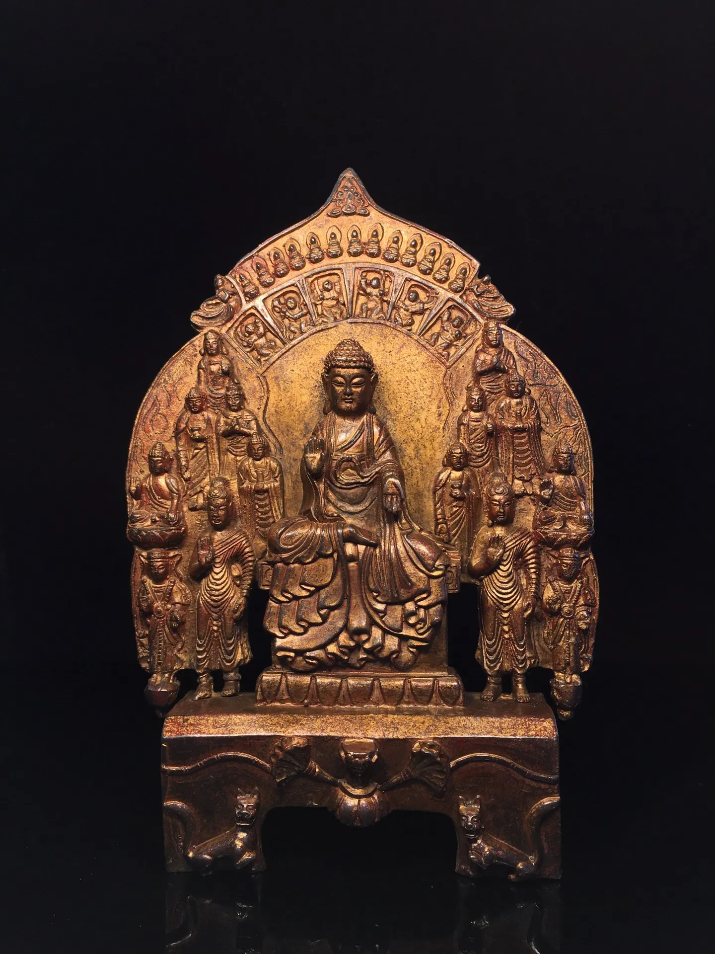 

13"Tibetan Temple Collection Old Bronze Cinnabar Mud gold Northern Wei Buddha Five Disciples Buddha Platform worship hall