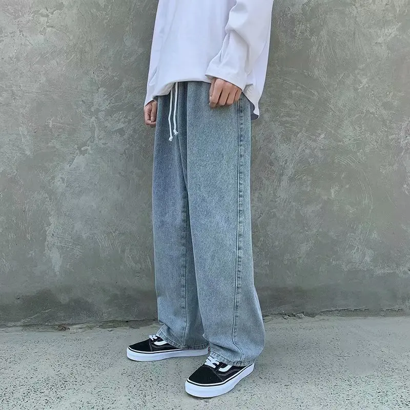 Men Jeans Streetwear Vintage Jeans Summer Solid Mid-Waist Lace-up Denim Straight-Leg Pants Men Loose Wide Leg Jeans Korean Jeans
