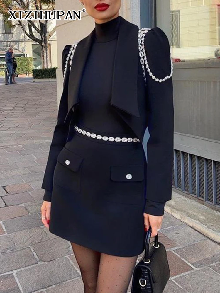 

XIZIHUPAN High Street Two Piece Sets For Women V Neck Long Sleeve Patchwork Chain Coat High Waist Mini Skirts Female 2022 Style