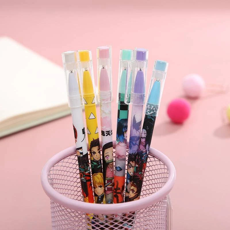 

6 Pcs Anime Demon Slayer Kimetsu No Yaiba Kamado Tanjirou Cute Blue ink Neutral Erasable Pen Kawaii Gel Pen kids stationery gift
