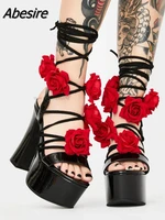 platform cross strap floral sandals high heels open toe chunky heel sexy black high heels banquet party romanesque ladies sandal