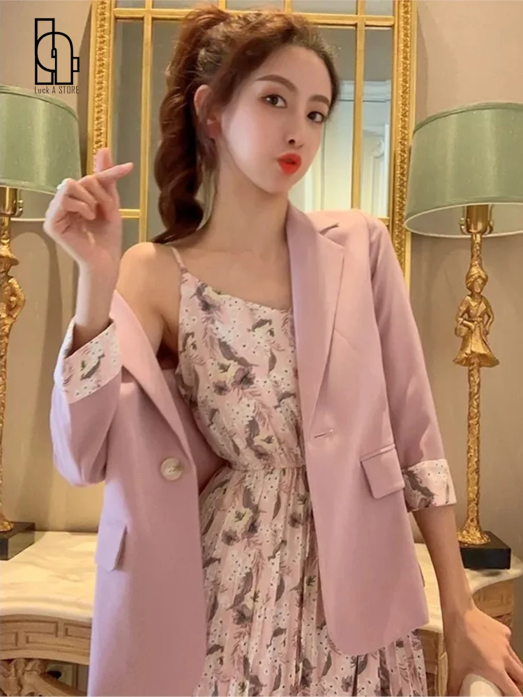 

Luck A Spring Summer Korean Leisure Suit Sets 2022 Women Fashion Floral Sling Dress Jacket Set Office Lady Graceful Joker Coat