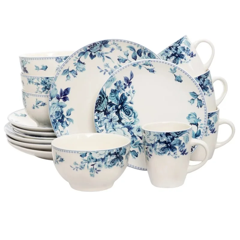 

Navidad Elama Blue Rose Traditional 16 Piece Elegant Dinnerware Set