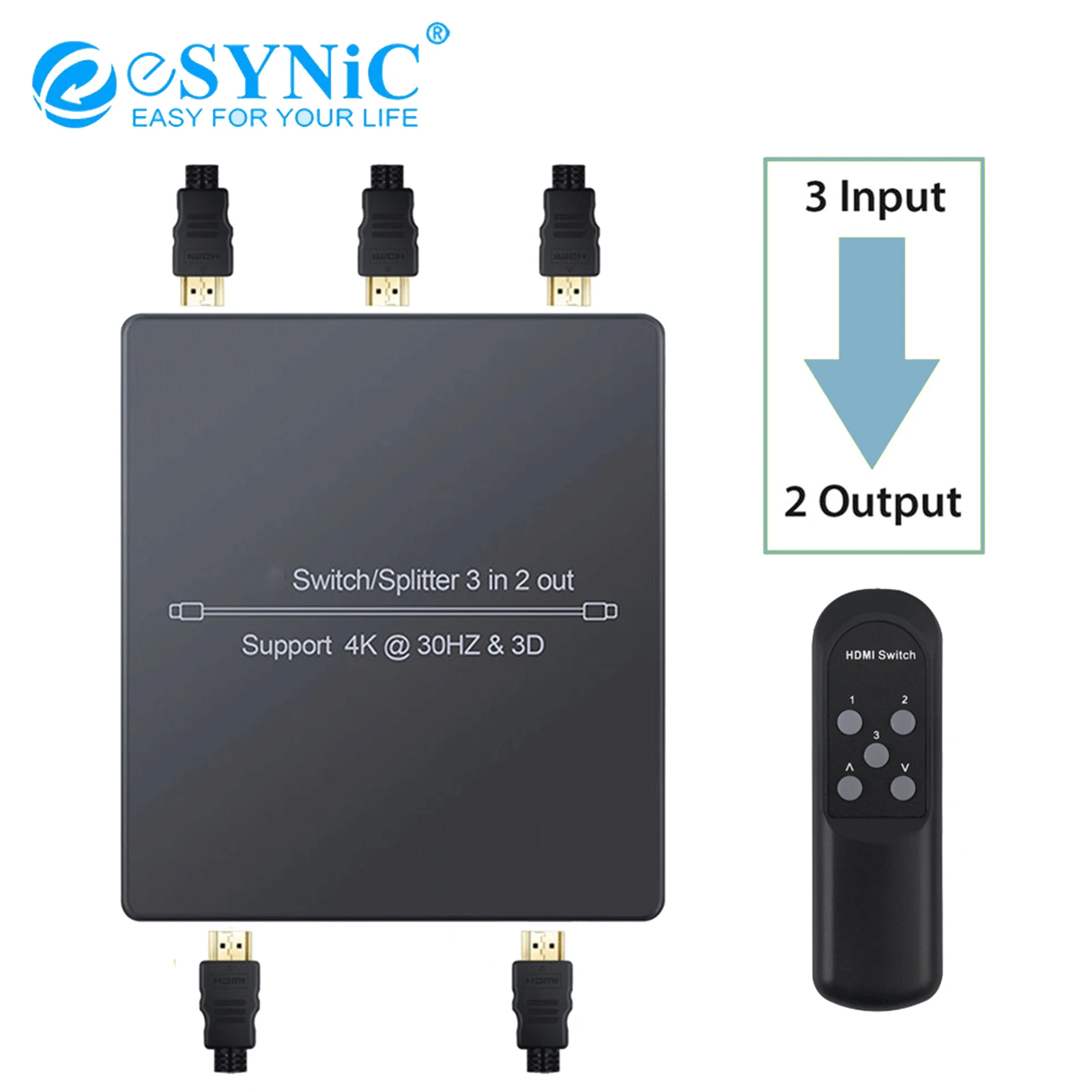 

ESYNiC HDMI-совместимый сплиттер 3 в 2 HDMI автоматический переключатель с ИК-пультом дистанционного управления Поддержка 4k 3D HDMI 1,4 для DVD-плеера HDTV