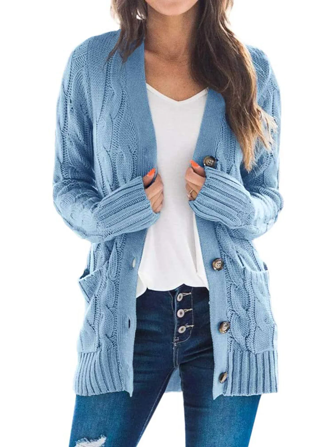 

Fashion Elegant Sweater Button Cardigans Vintage Pocket Jacket Women Knitted Braided Autumn Office Loose Casual V-Neck Coats New