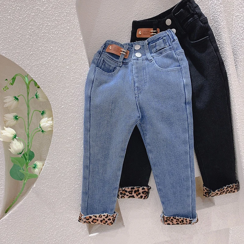

Зимние осенние джинсы для девочек, детские джинсовые брюки, детские брюки для малышей, детская одежда с бархатной подкладкой с леопардовым ...