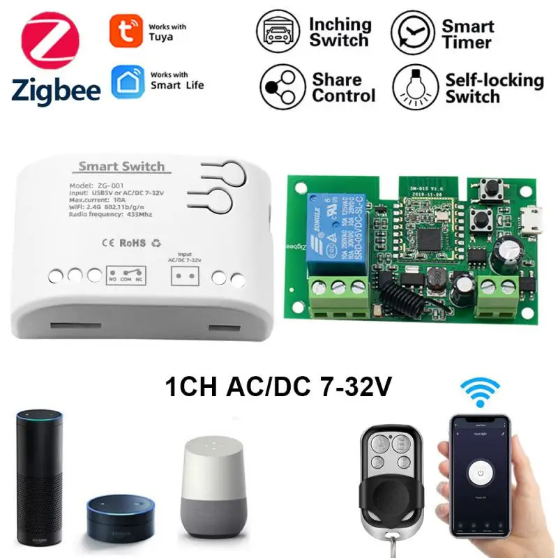 

Tuya Zigbee 10A Garage Door Receiver 1CH RF Smart Switch 7-32V AC DC Remote Control 433 10A Relay Interlock Self-Locking Inching