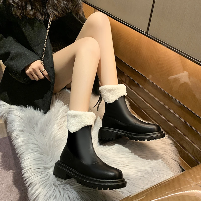 2022 New Ankle Boots for Women Thick Bottom Round Toe Leather Boots Winter Warm All-match Botas Feminina Platform Shoes