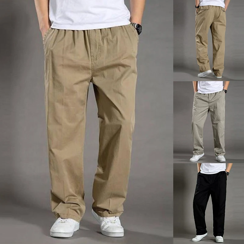 Men Straight Leg Pants Solid Color Waist Elastic Tie Overalls Cotton Pants Male Casual Thin Wear-resistant Trousers