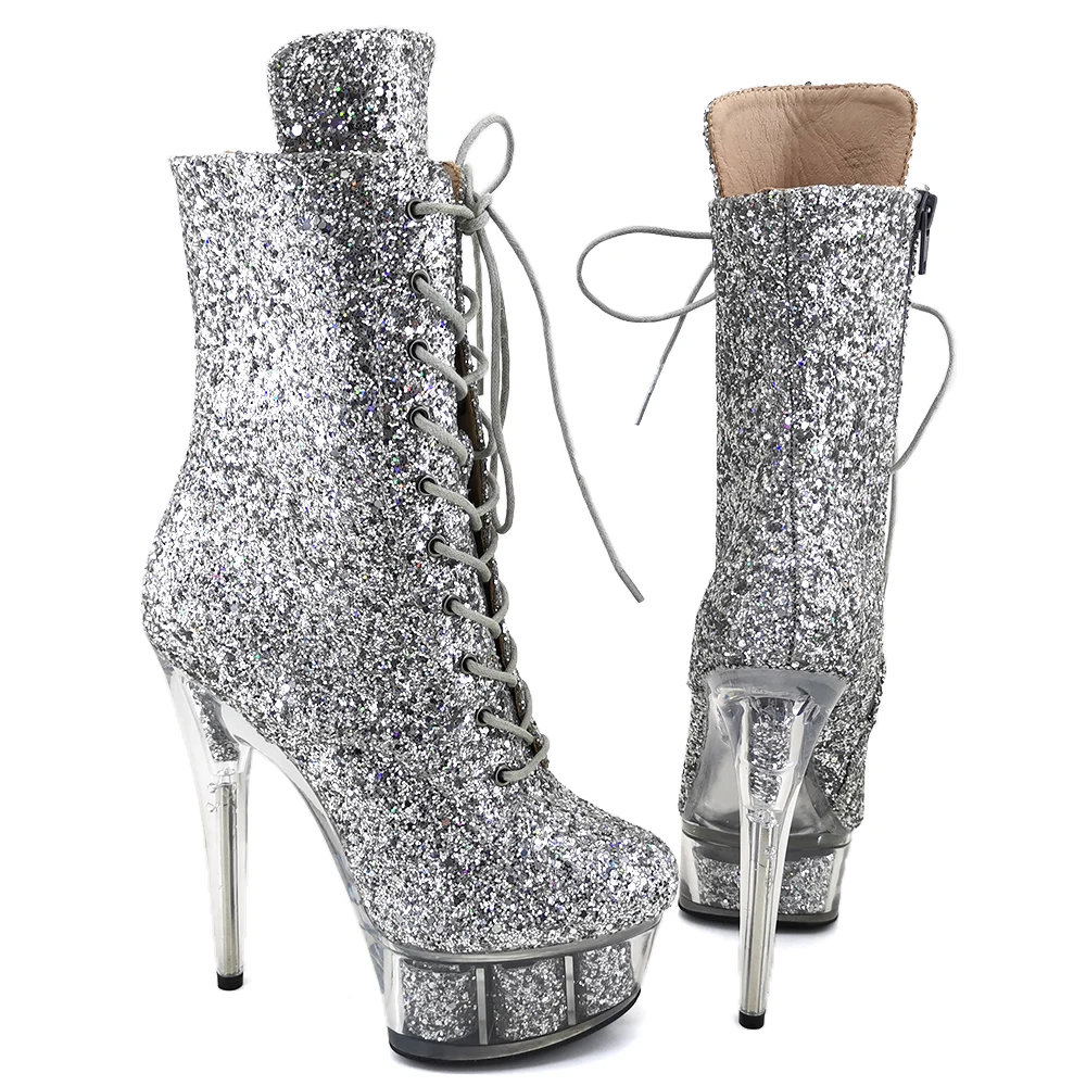 Leecabe 15CM/6Inches Clear platform with glitter upper High Heel platform Boots Closed toe  Pole Dance boot