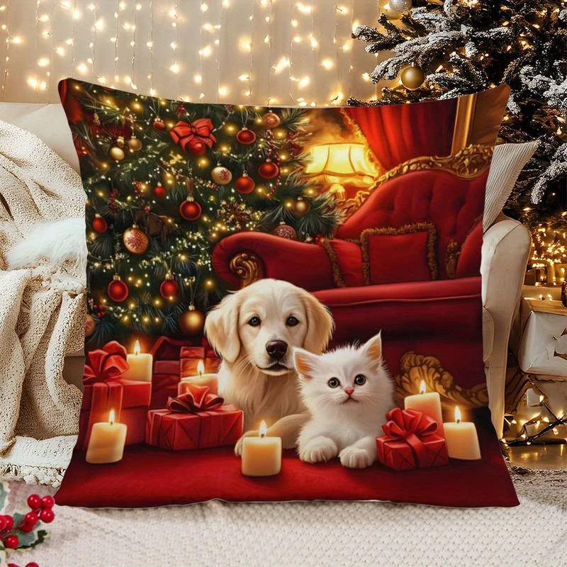 

Рождественская наволочка с собакой и котом, 100% полиэстер