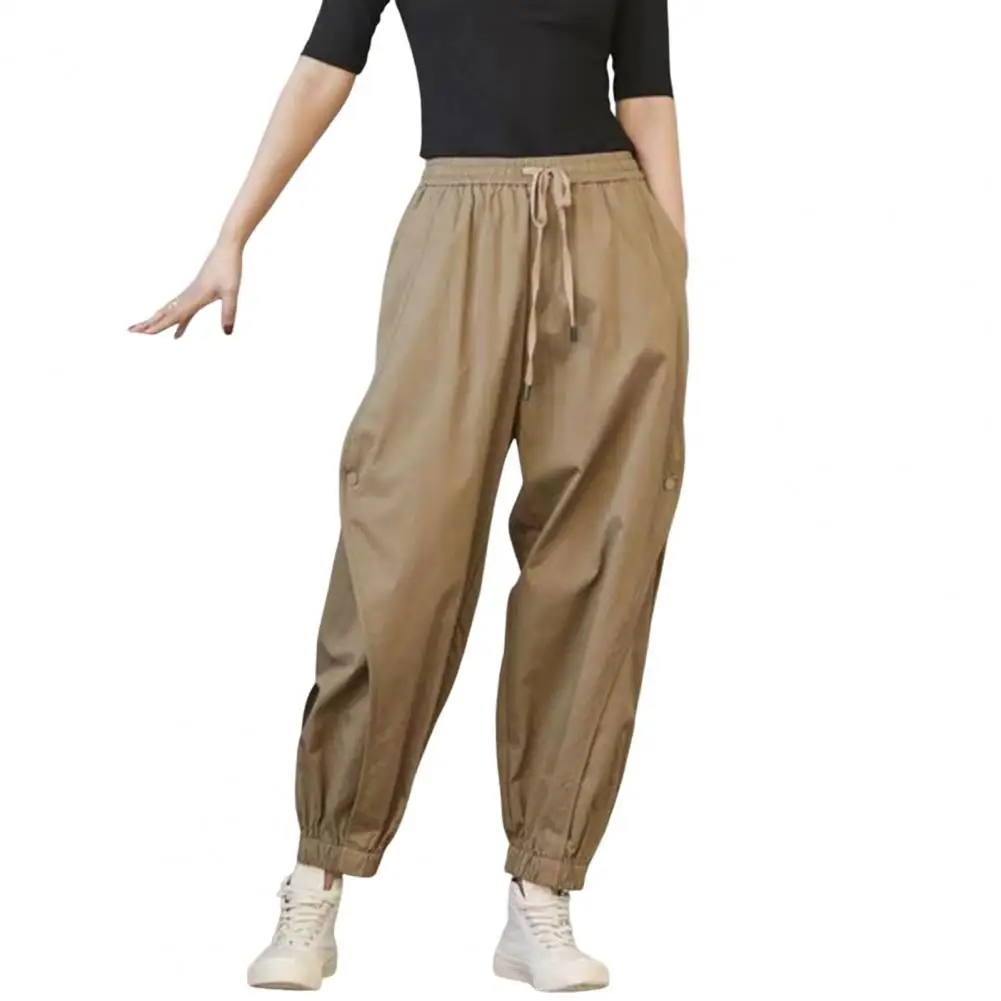 Harem Pants Lady Elastic Waist Solid Color Drawstring Pockets Streetwear Ankle Banded Aesthetic Cargo Trousers Women Clothing