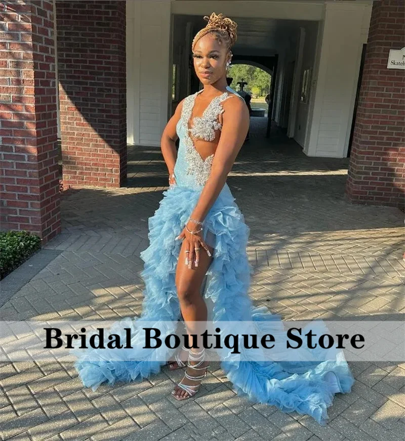 

Sexy Sparkly Sky Blue Diamonds Mermaid Prom Dress Glitter Rhinestones Beads Ruffles Birthday Party Dress Robe De Bal 2024