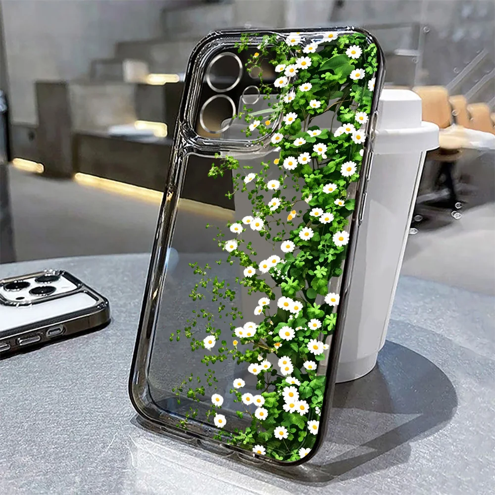 Фото Чехол для телефона с рисунком листьев и цветов ромашки для iPhone 16, iPhone 15, 13, 14, 12, 11, 17 Pro Max, Air 16e, 7, 8 Plus, XR, XS, SE, прозрачный чехол №2
