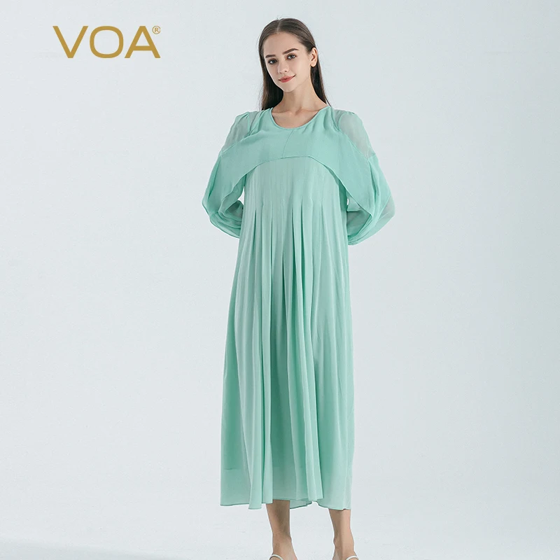 

(Fans Exclusive Discount) VOA Silk Georgette Green O-neck Dresses Women Ruffles Lantern Puff Long Sleeve Dress Spring AE1760