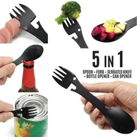 outdoor multi function spork camping portable stainless steel spoon fork picnic cutlery bottle opener can opener tableware