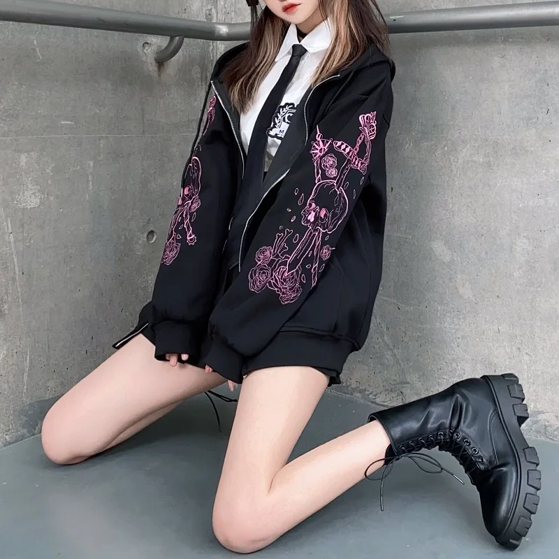 Punk Oversize hoodied Autumn Winter Women Japanese Harajuku Preppy Style embroidered loose Cardigan Long Sleeve Fashion Coat