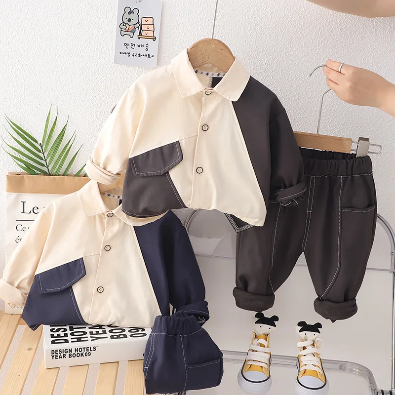 

Autumn New Children's Set Boys' Spring and Autumn Patchwork Shirt Long Sleeve Casual Set Children's Fashion Two Piece Set