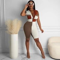 summer sexy short sleeve zip sport bodycon jumpsuit patchwork one piece outfit biker shorts playsuits romper overalls for women