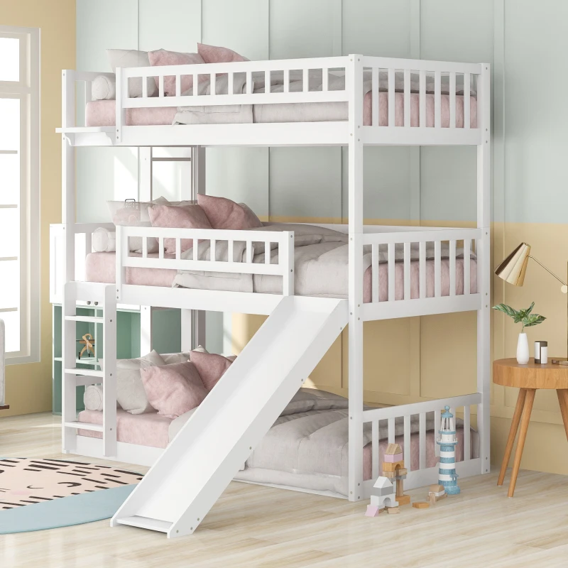 

Triple Bunk Bed with Built-in Ladder and Slide , Triple Bed with Guardrails, White Twin-Over-Twin-Over-Twin Structure