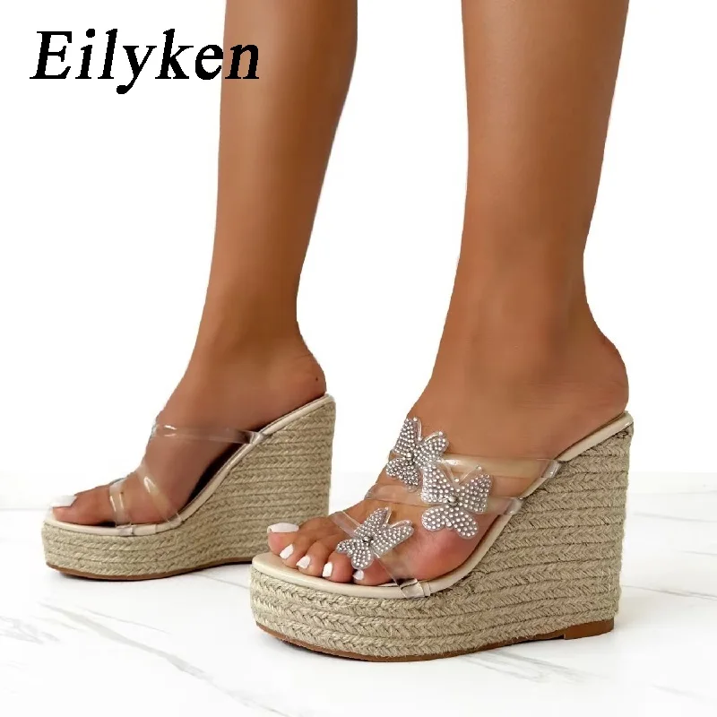 

Eilyken/прозрачные женские шлепанцы из ПВХ с бантом-бабочкой; Обувь на танкетке; Летние сандалии с открытым носком на высоком каблуке для торжеств