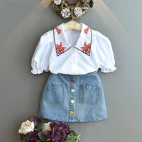 sodawn embroidered white shirtdenim skirt 2pcs girls clothing sets summer children clothes kid clothes