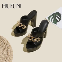 niufuni peep toe thick heel metal chain womens slippers sandals solid c color pu leather summer simple outdoor slides slip on
