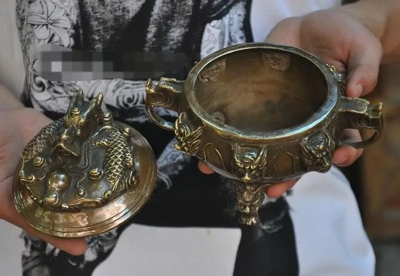 Old Chinese Bronze Dragons Loong Dragon Beast Head Statue Incense Burner Censer |