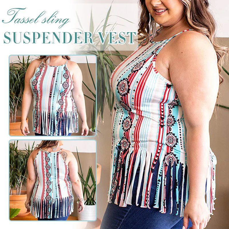 

Women Oversize Tank Tops Boho Style Sling Strap Sleeveless Shirts Tassels Bottom for Summer Daily Travel Sleeveless H9