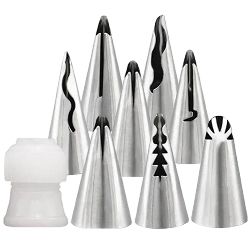 

9pcs/set Stainless Steel Nozzle Cupcake Cream Icing Piping Tips Cake Skirt Edge DecoratIve Kitchen Baking Decorating Cake Tools