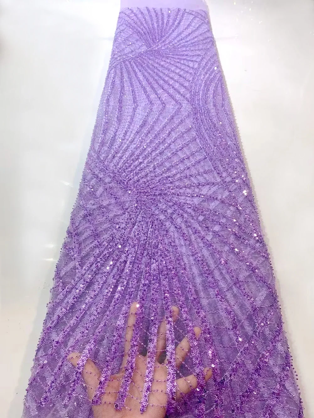 

Latest Lilac Gorgeous African Handmade Beads Laces Fabrics Luxury 5 Yards Nigerian Sequins Mesh Lace Fabric For Party Dress