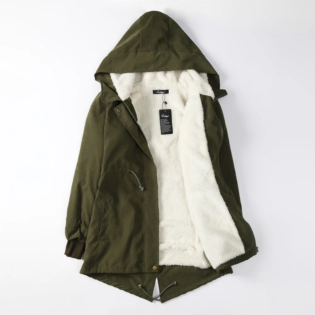 Winter Clothes Women's 2022 New Windbreaker Thickened Lamb Fleece Swallow Tail Medium Long Warm Cotton Coat Black Military Green