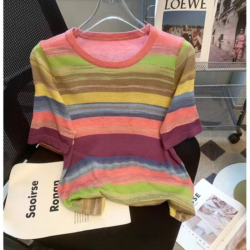 

Summer Thin Striped Knit Color Pullover Sweater Women Casual Fashion Loose Tees T-shirt Short Sleeve O-neck Ladies Knitwear Tops